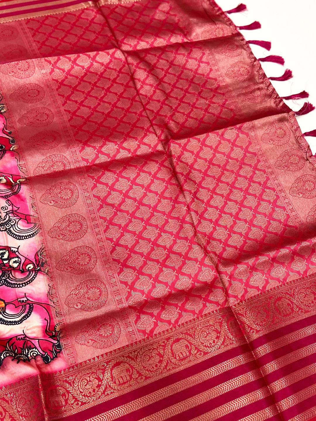 Rose Pink Kalamkari Printed Banarasi Saree