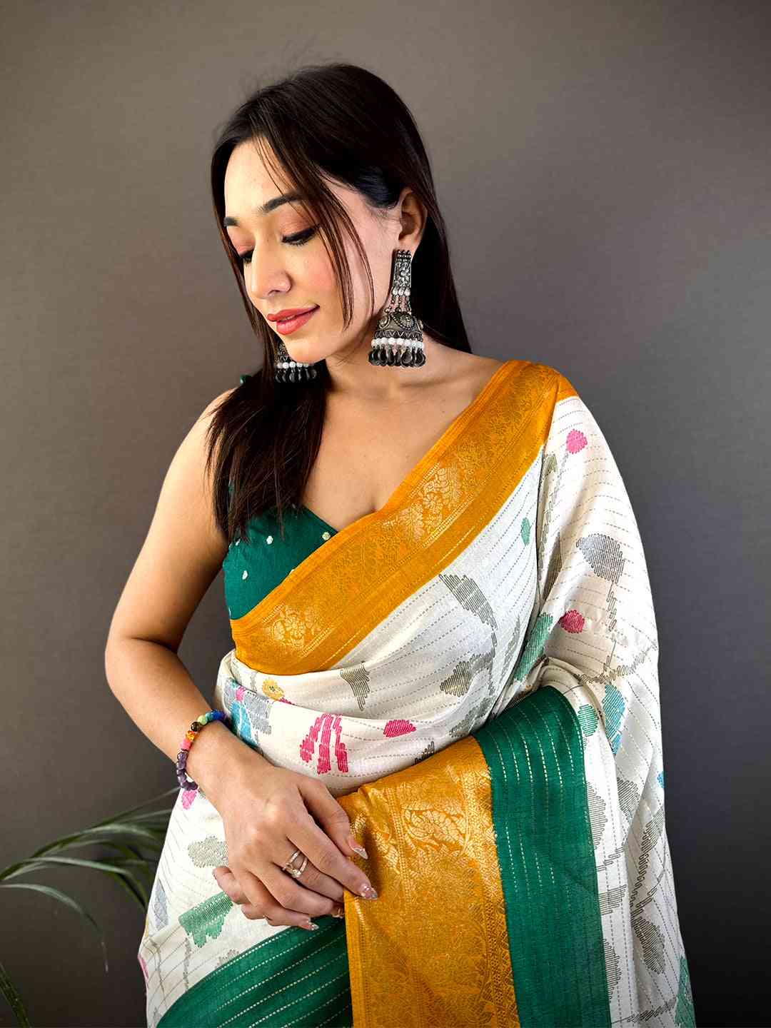 Mustard Dola Silk Bird Print Saree