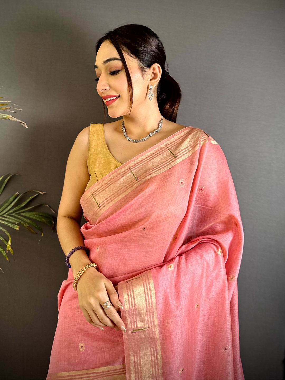 Pink Minakari Paithani Khadi Linen Saree