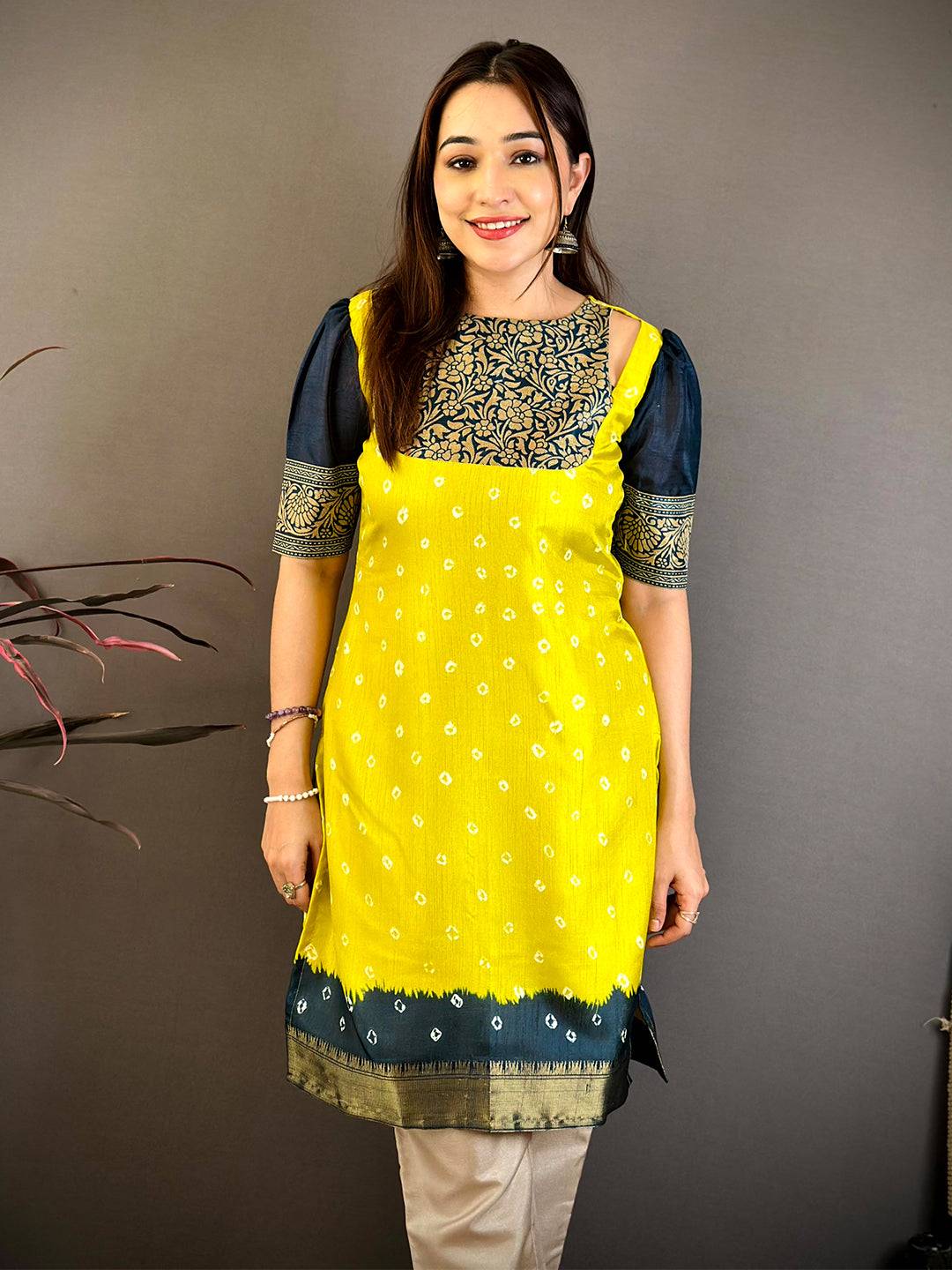 Yellow Soft Dola Silk Boat Neck Kurti