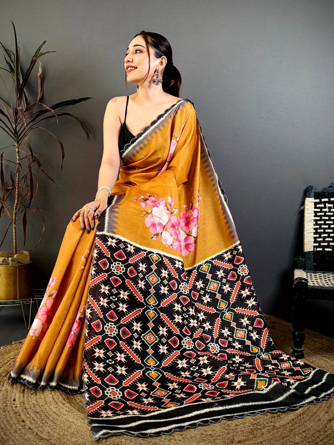 Mustard Tussar Ikkat Patola Saree