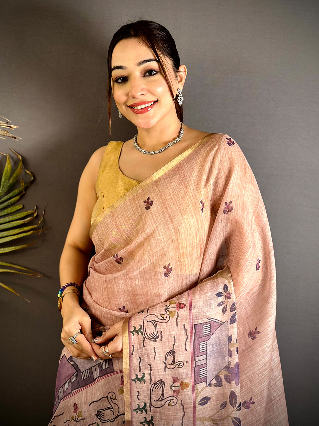 Pink Kalamkari Madhubani Print Saree