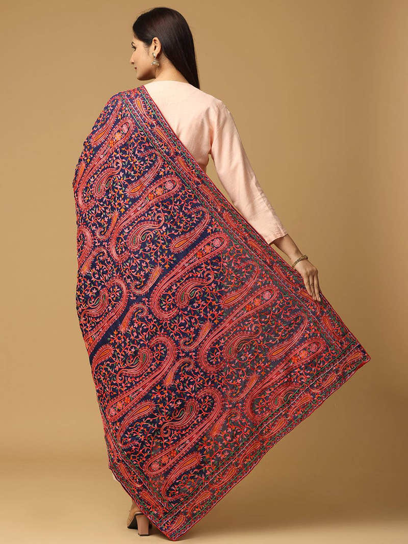 Navy Red Paisley Medallion Pashmina Dupatta