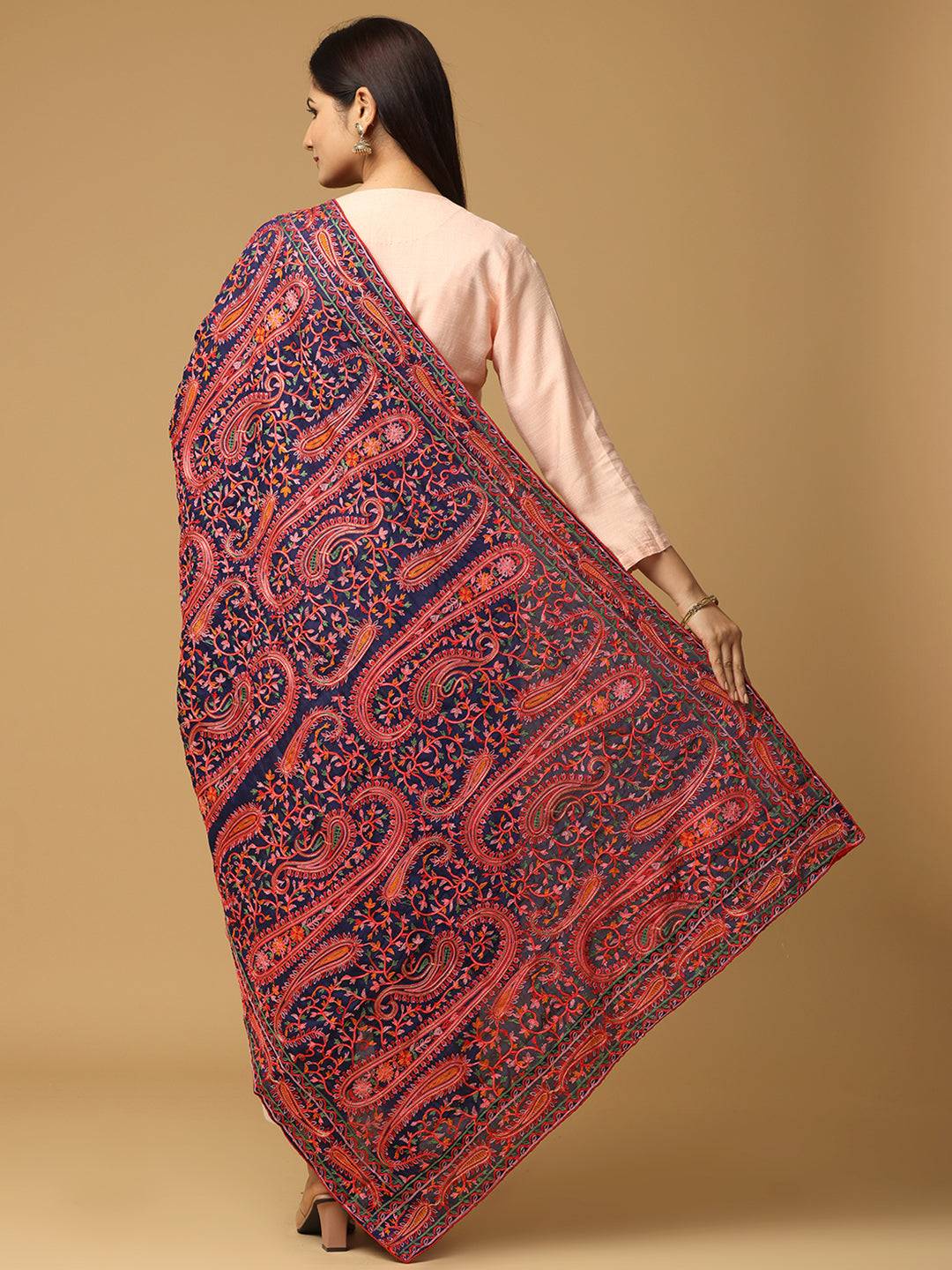 Back view of navy and red embroidered dupatta with intricate designs.