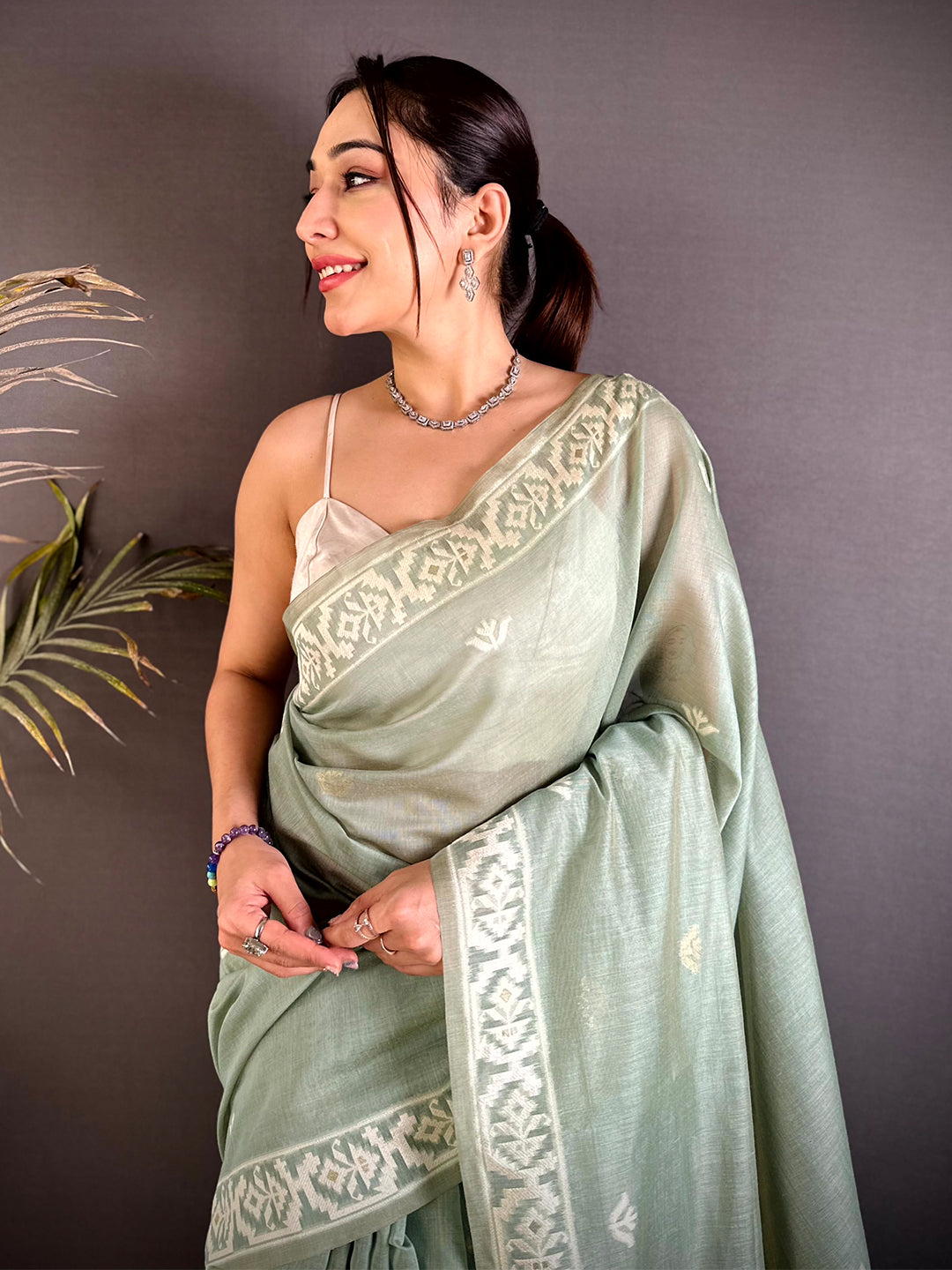 Royal Khadi Linen Lakhnavi Work Saree