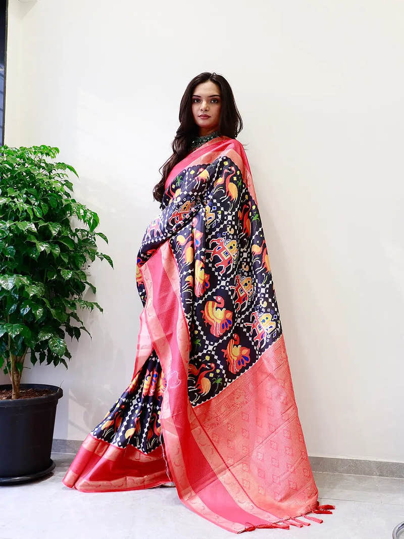 Attractive Black Gadwal Border Pochampally Print Saree