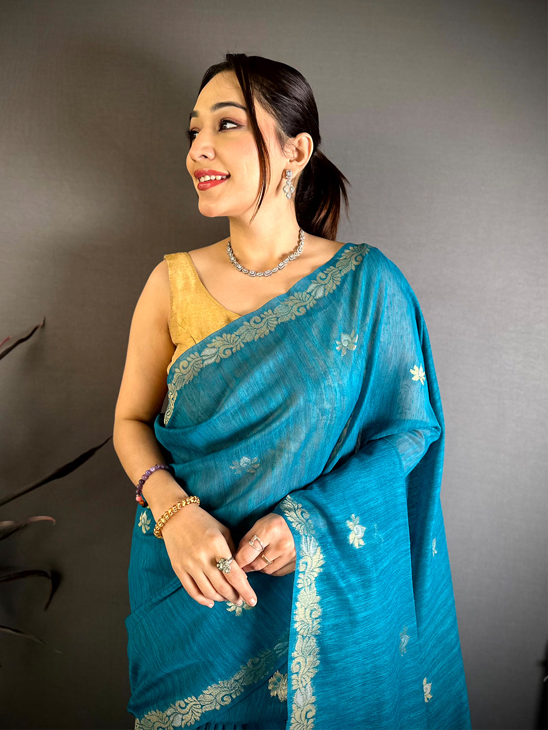 Sky Blue Sona Chandi Muga Cotton Saree