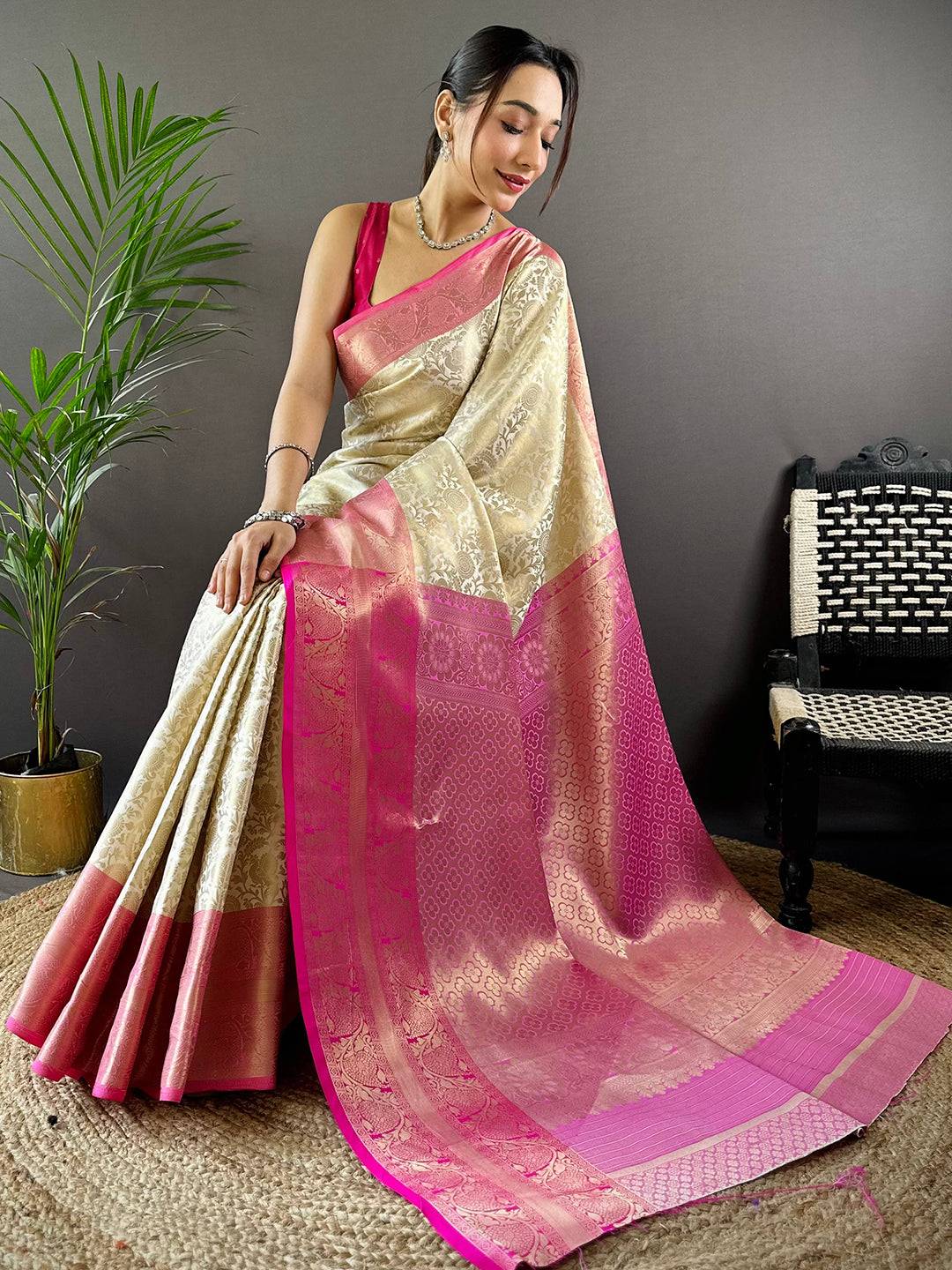 Vibrant pink and beige Banarasi Kora Katan Silk Saree