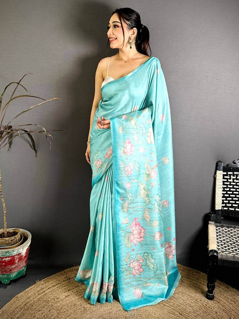 Elegant Tussar Lotus Ikkat Border Saree