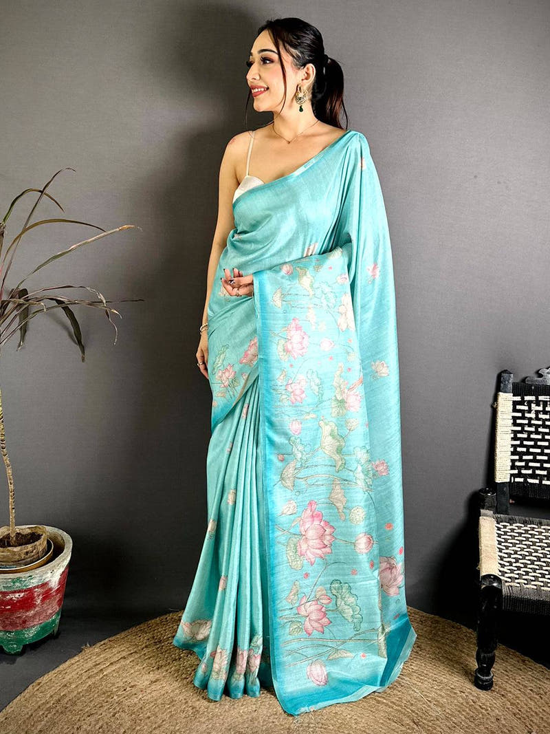 Elegant Tussar Lotus Ikkat Border Saree