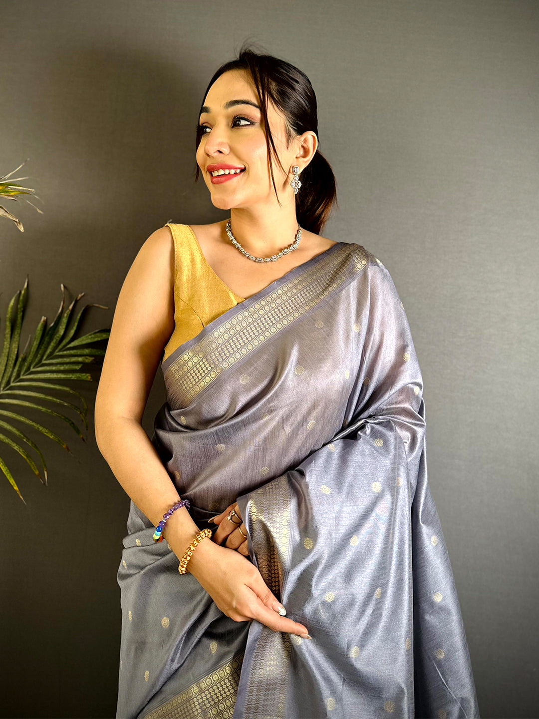 Grey Minakari Paithani Raw Silk Saree