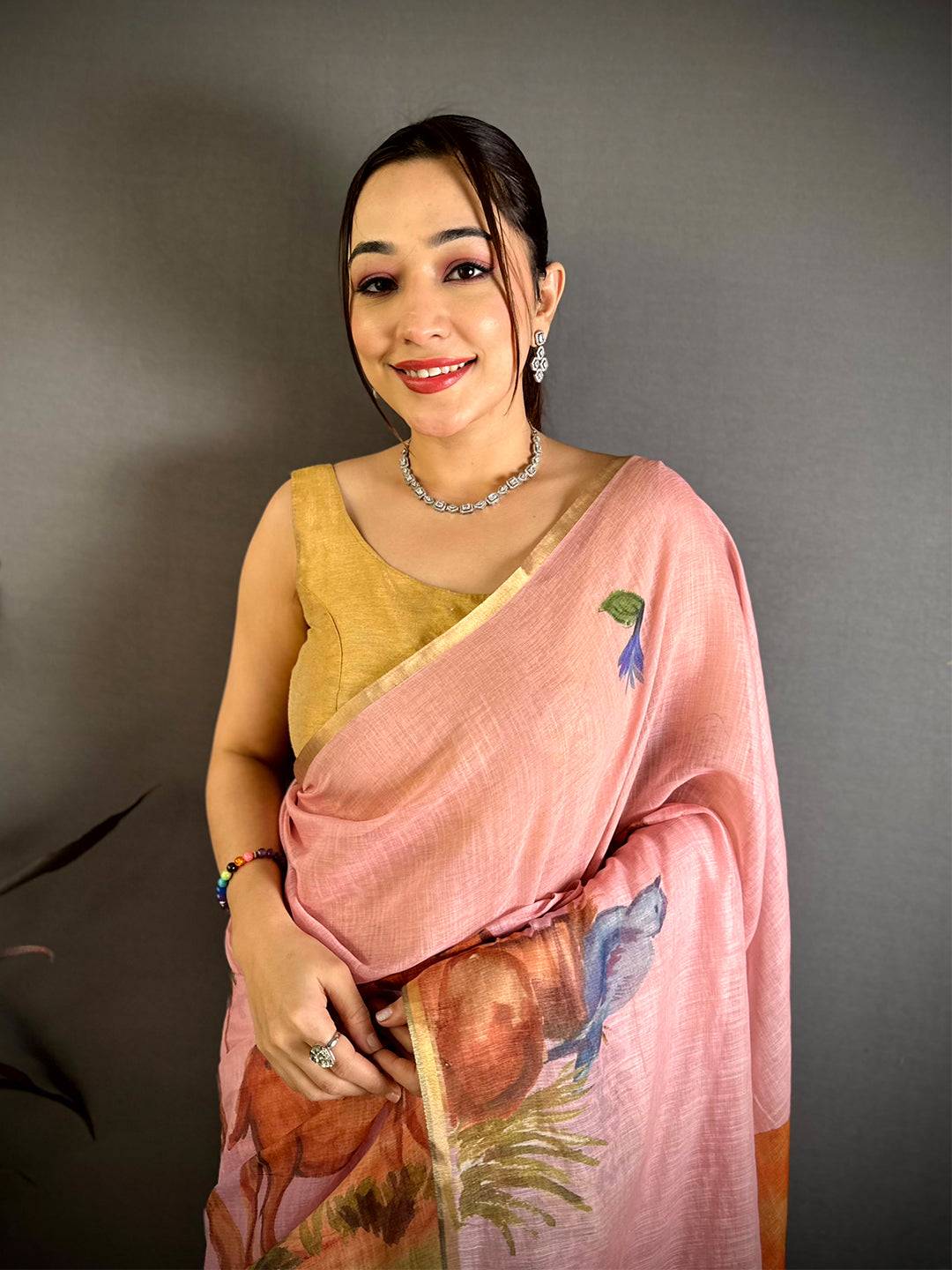 Blush Pink Animal Print Linen Chanderi Saree