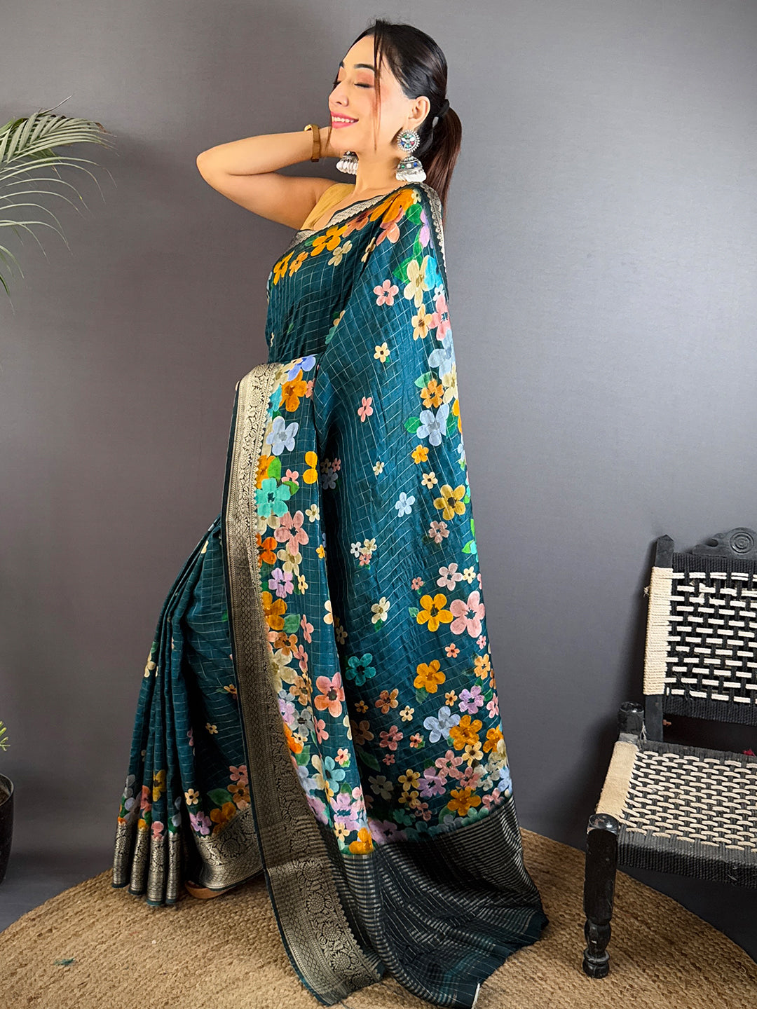 Teal Viscose Kanchi Pattu Border Saree