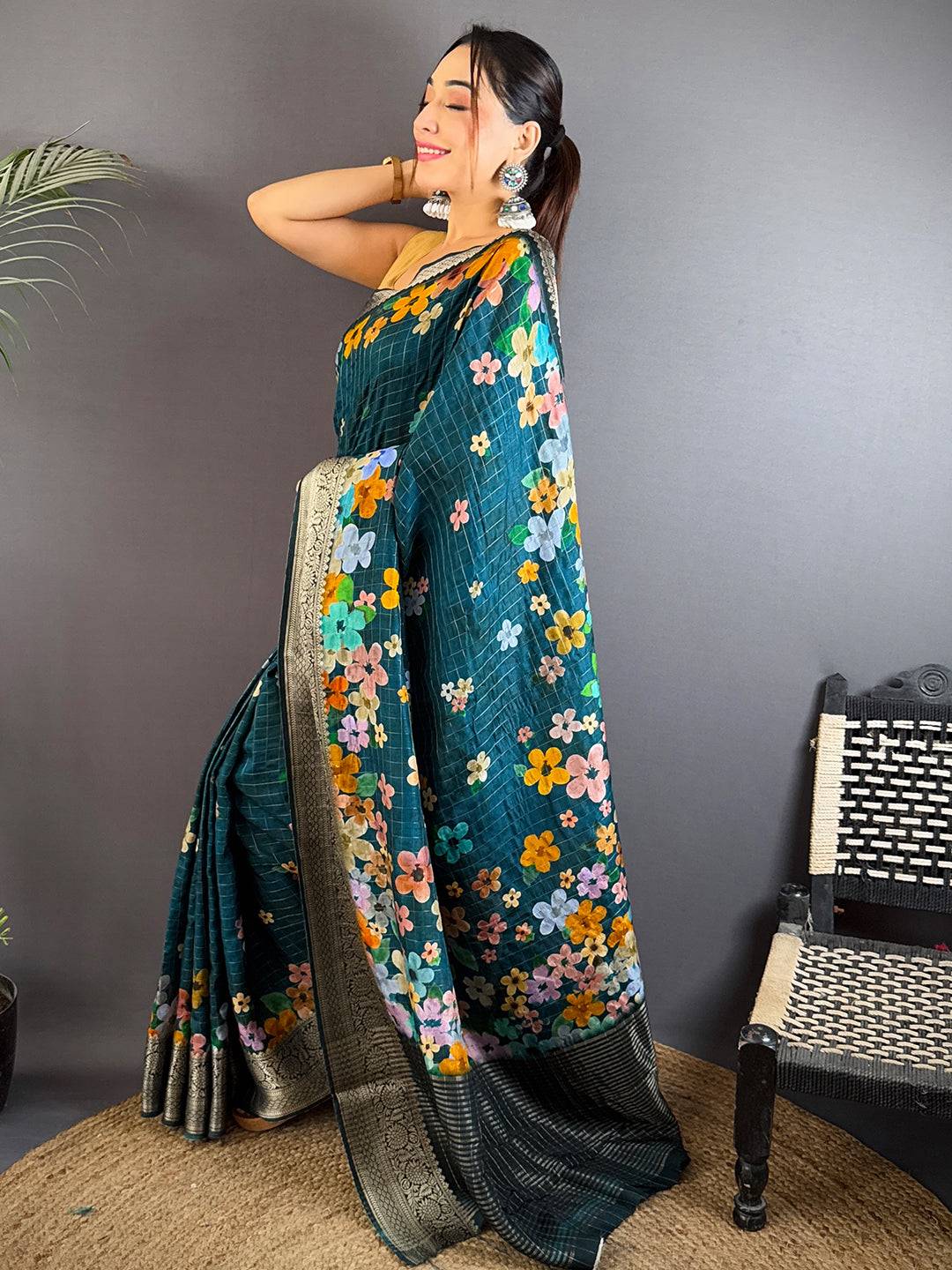 Teal Viscose Kanchi Pattu Border Saree