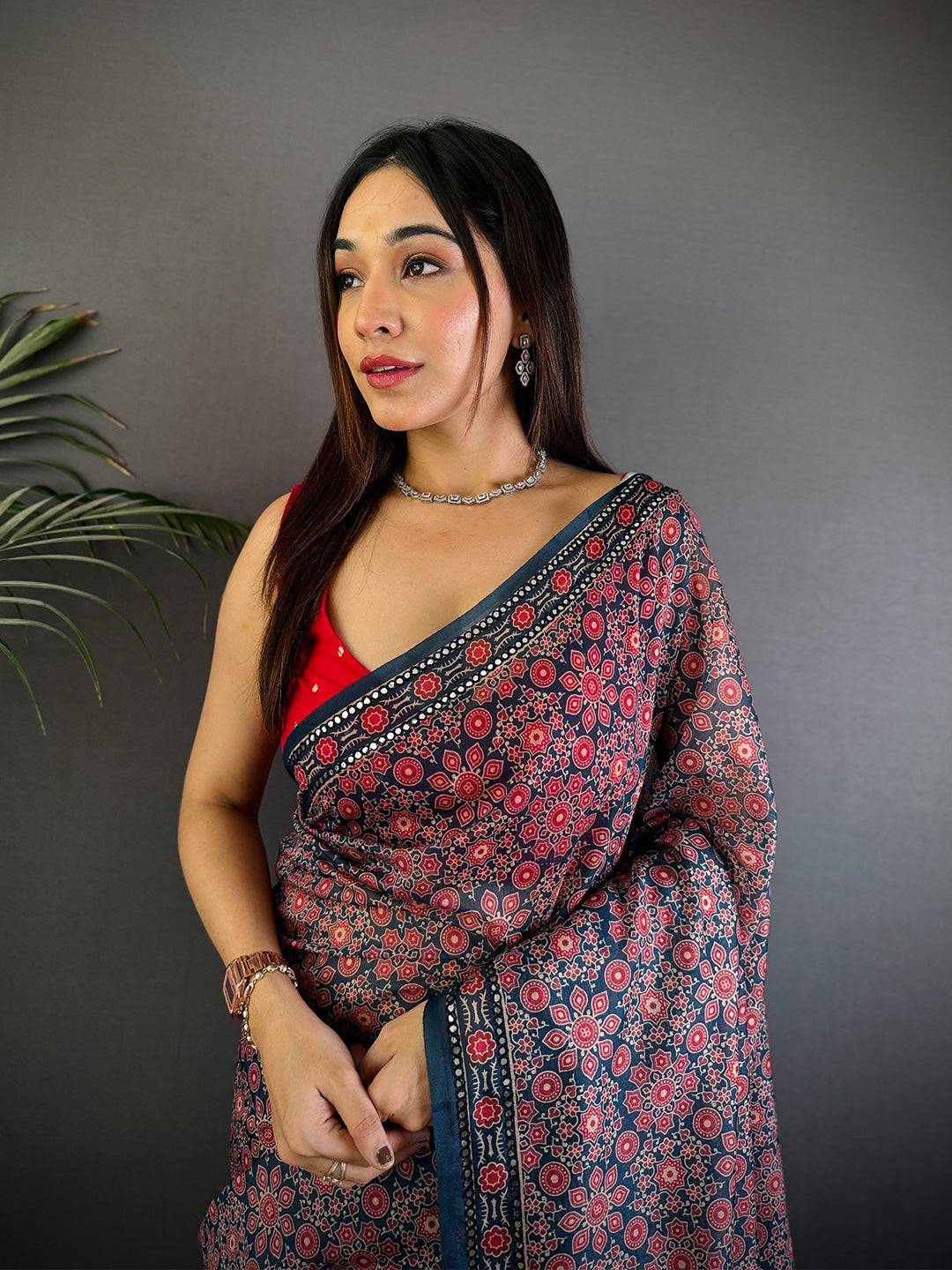 Navy Blue Charm Mirror Work Silk Saree