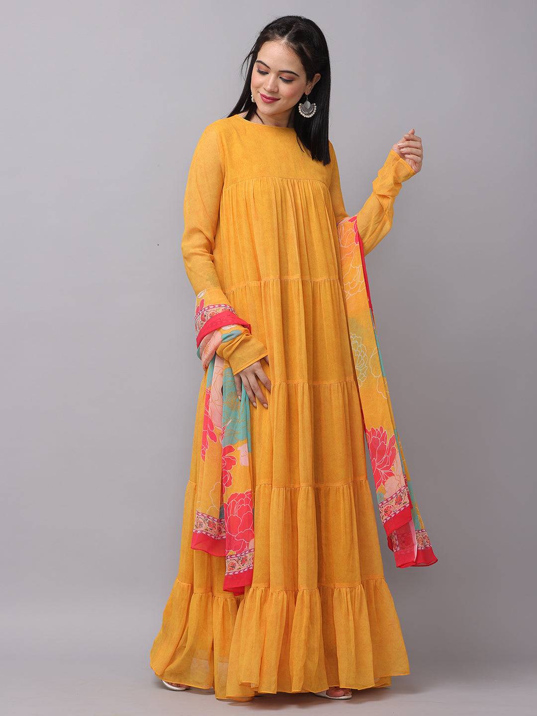 Sunlit Mustard Flared Long Dress with colorful dupatta