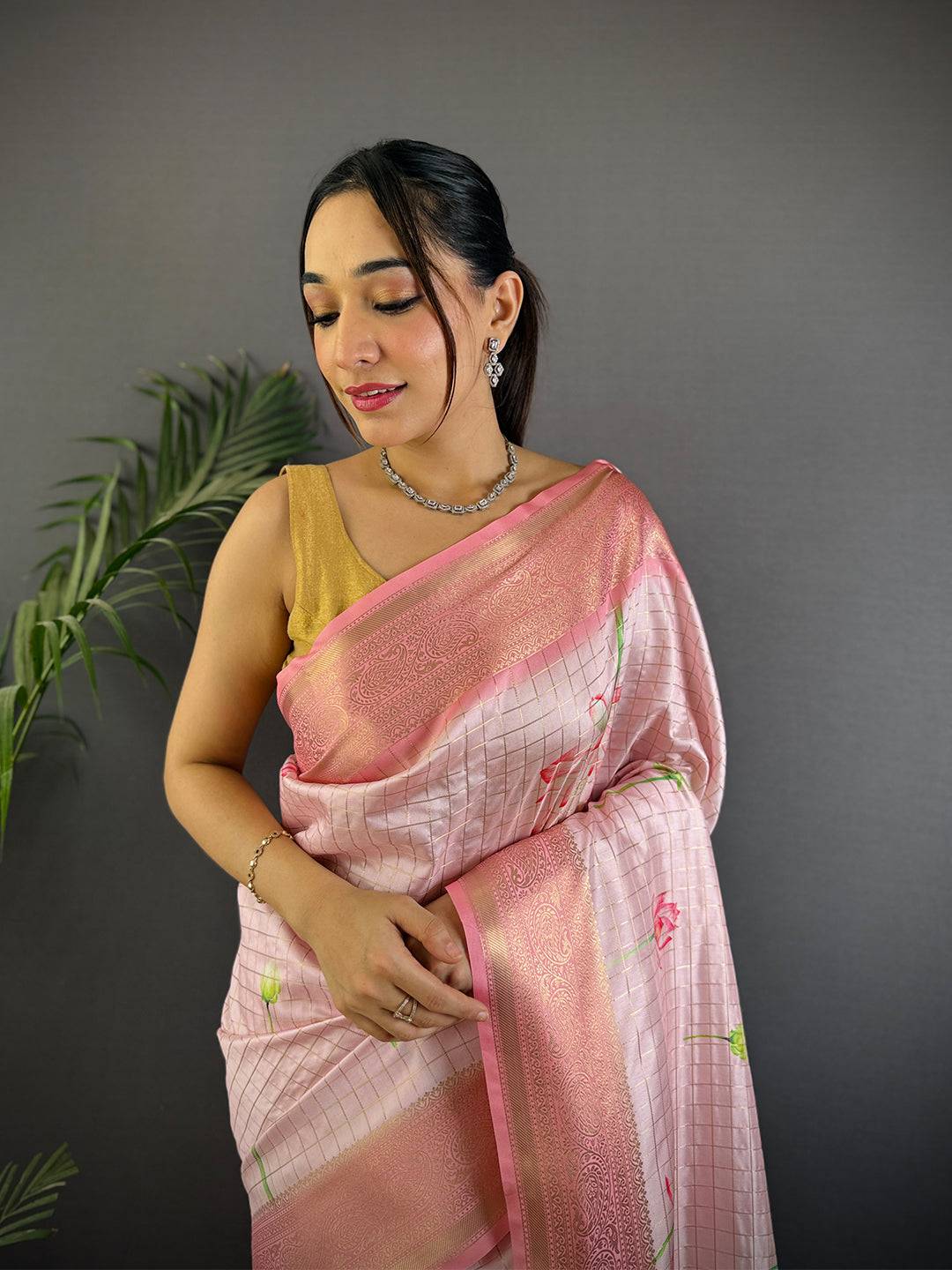 Rose Pink Banarasi Silk Digital Printed Saree