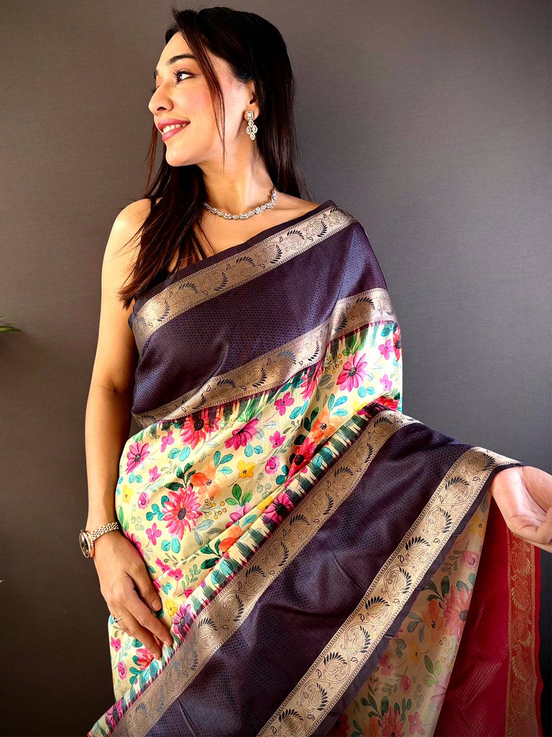 Majestic navy blue Banarasi silk saree with floral print