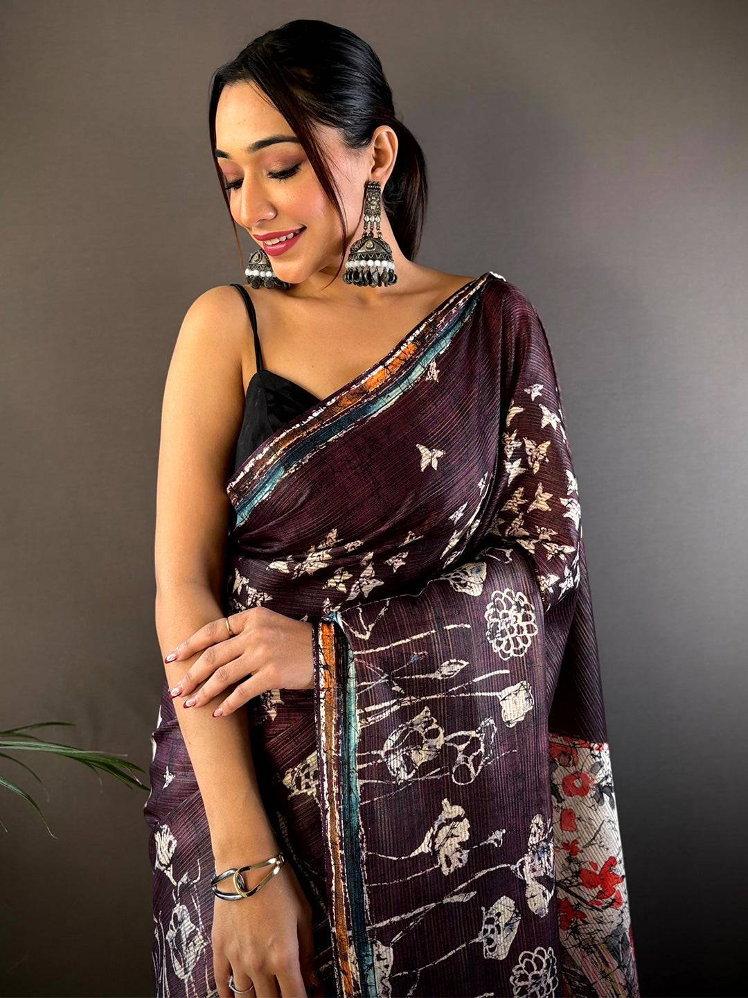 Purple Monochromatic Botanical Print Saree
