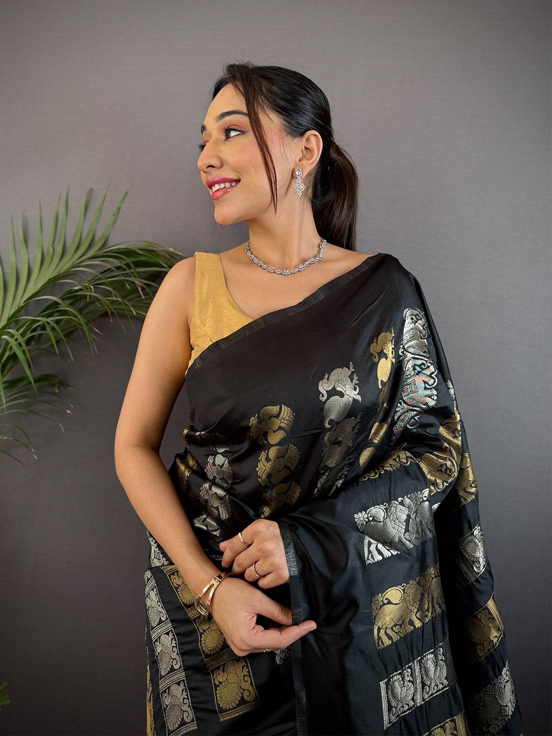 Black Soft Silk Sona Chandi Zari Weaving Saree