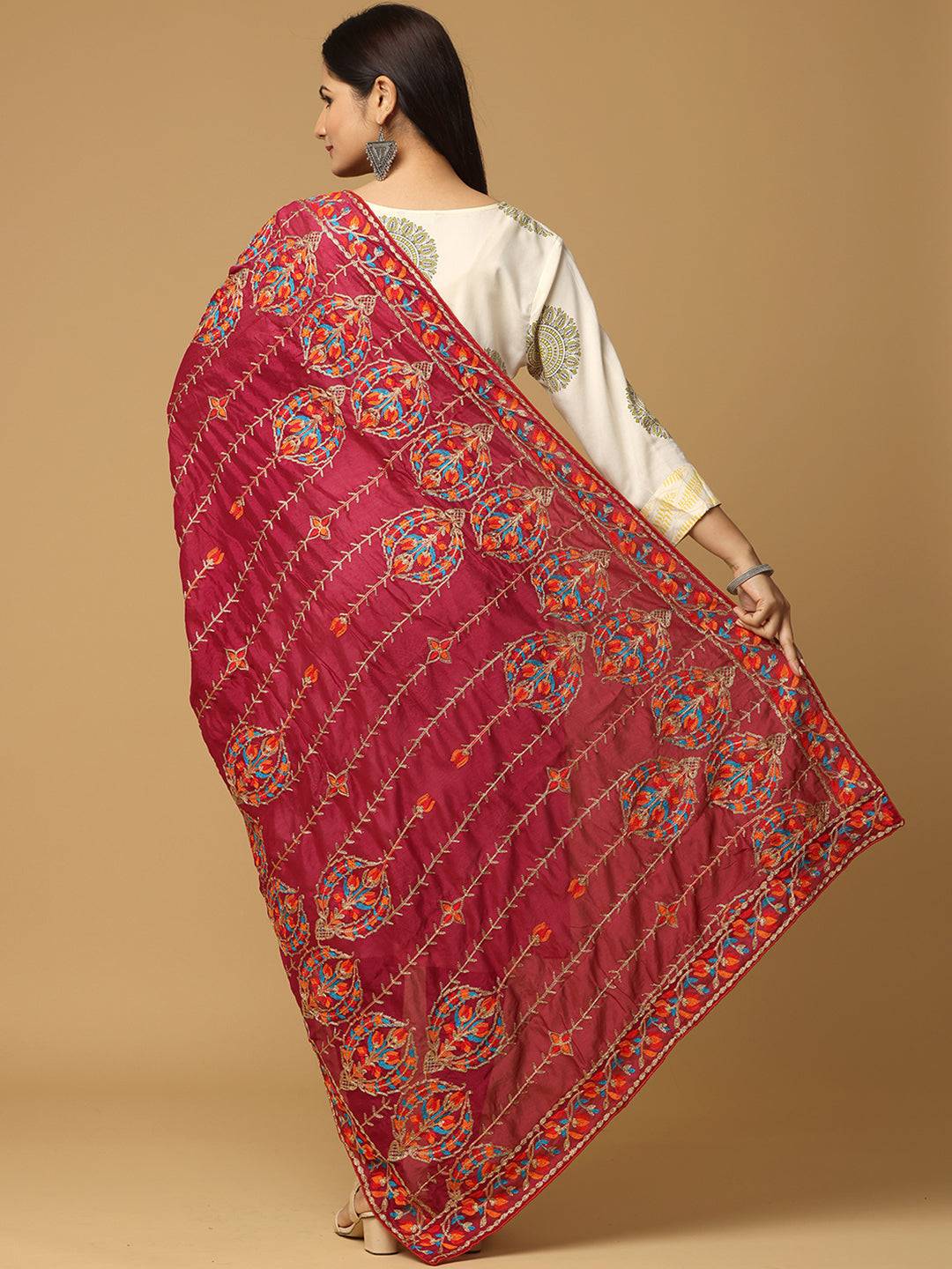 Back view of poly chiffon pashmina dupatta with embroidery