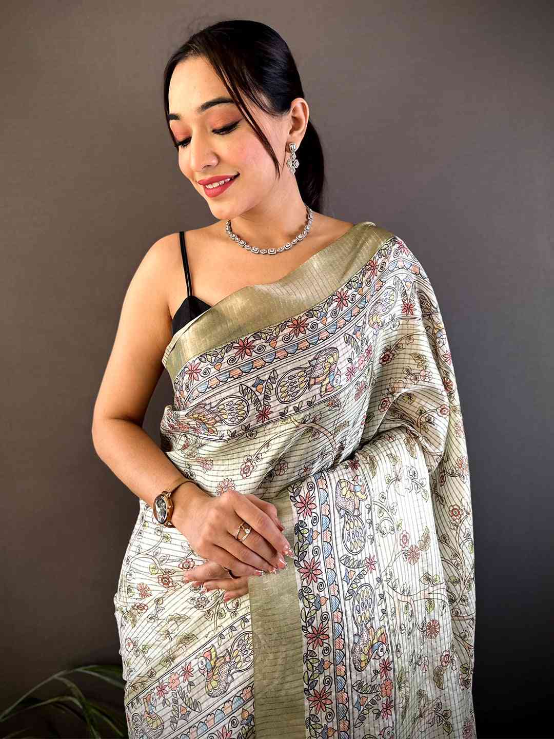 Sage Green Chanderi Madhubani Black Chex Saree