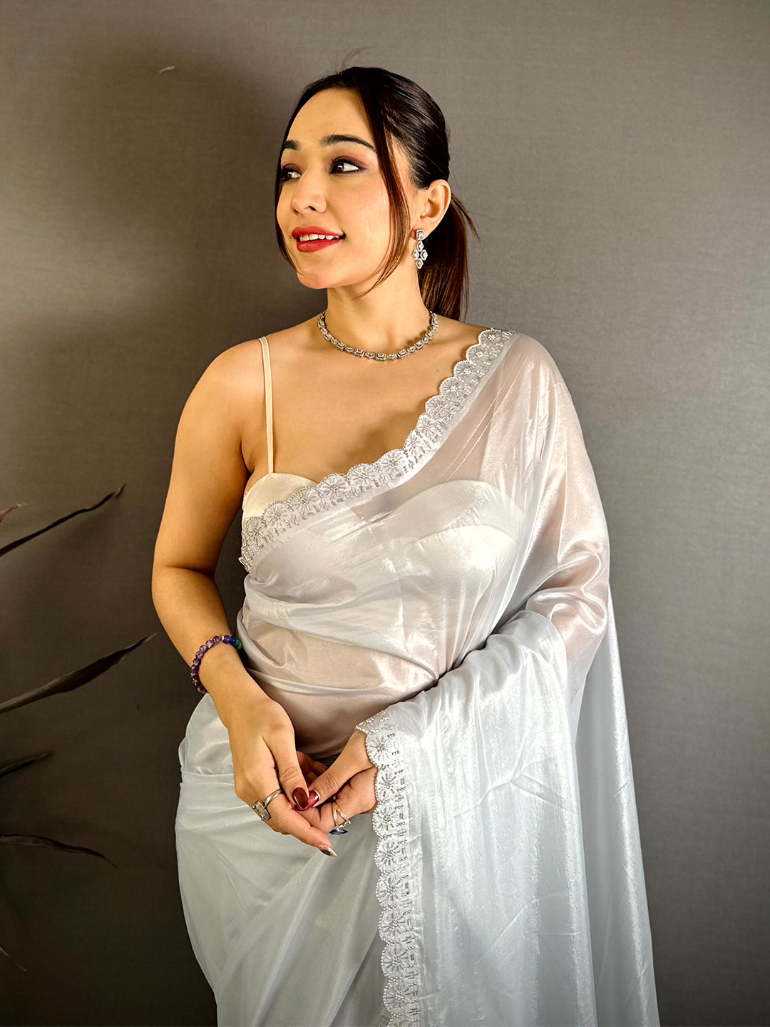 Opulent Silver Glass Swarovski Silk Saree