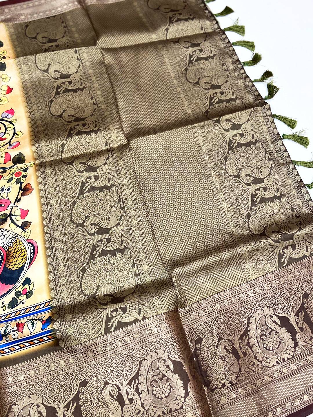 Olive Kalamkari Digital Print Pattu Saree