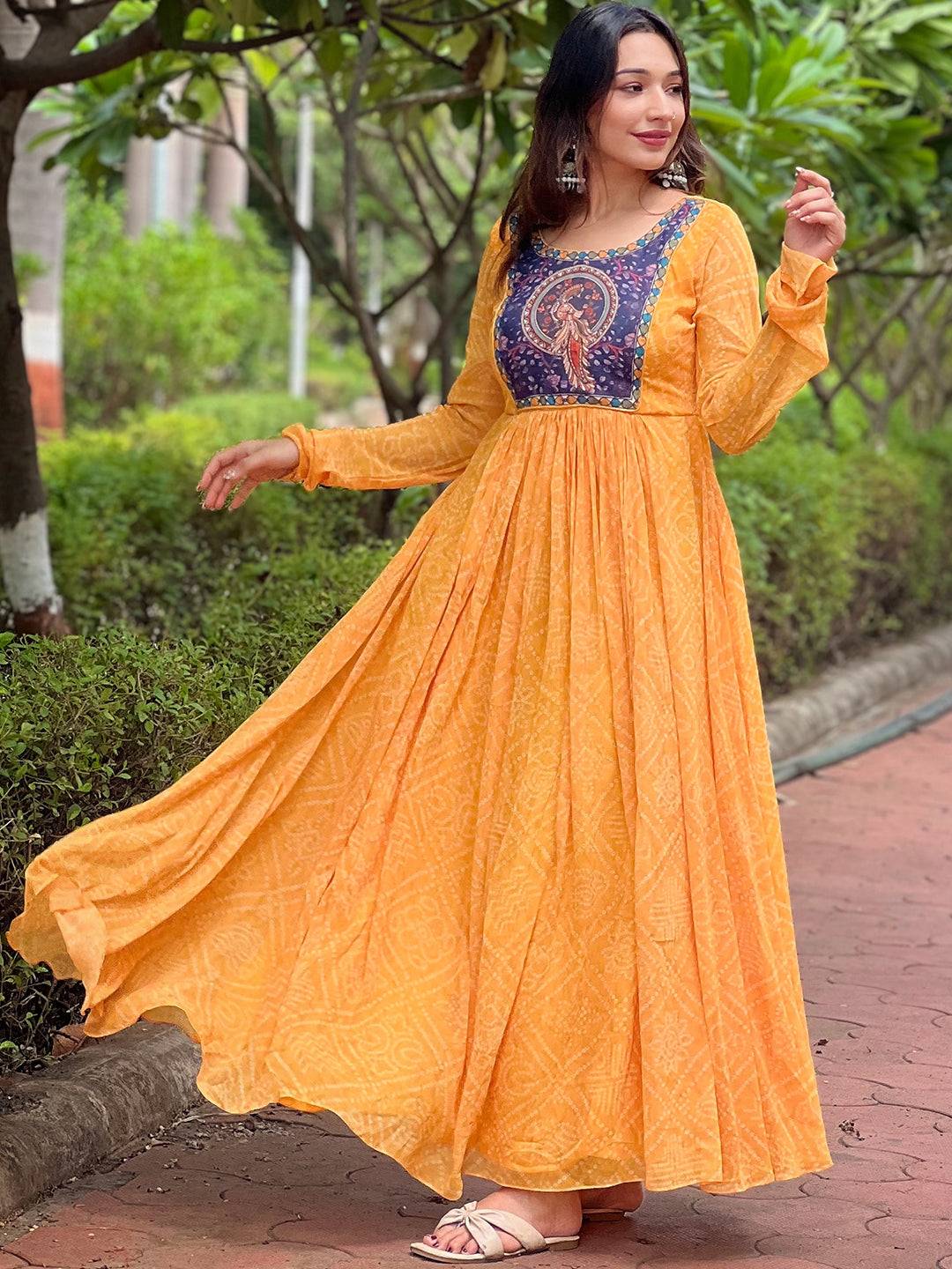 Flowing Honey Gold Bandhej Dress with Round Neck