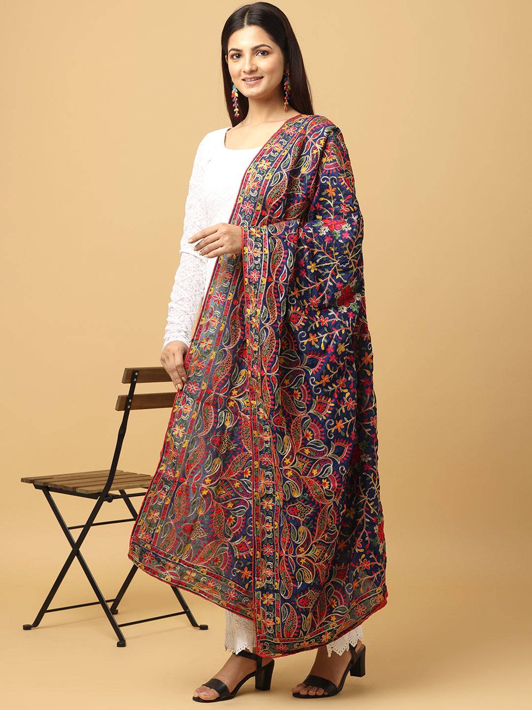Model showcasing navy blue dupatta with detailed threadwork