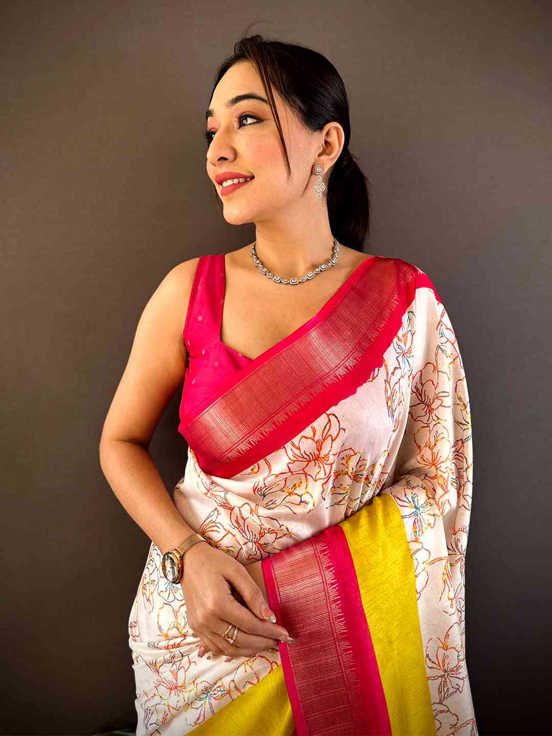 White Dola Silk Bird Print Saree