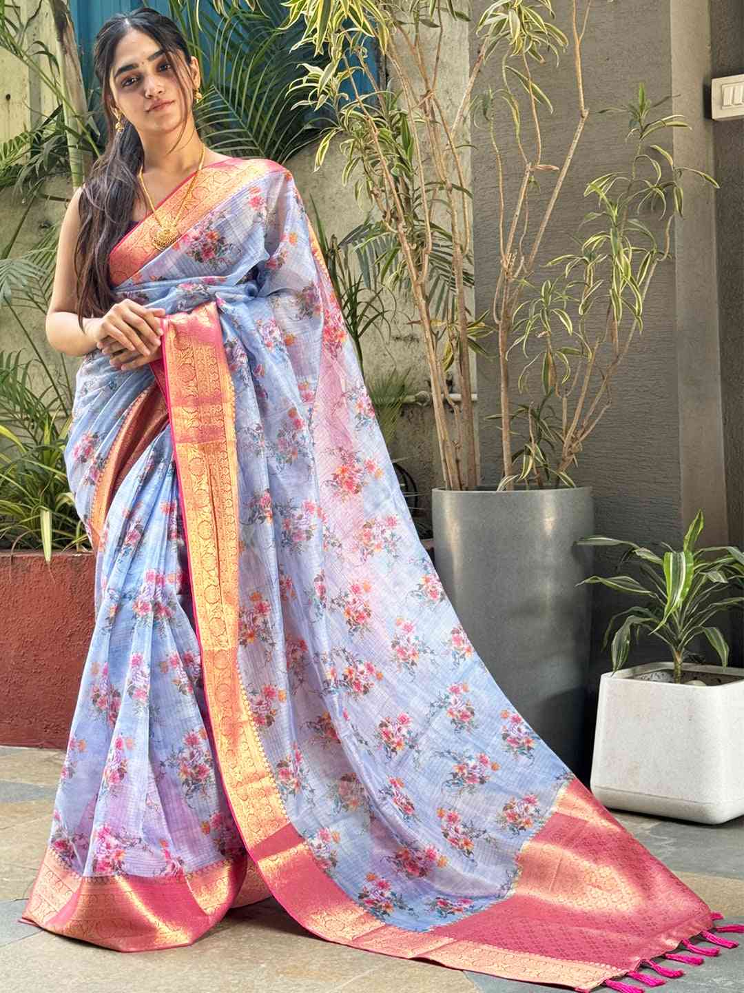 Elegant digital floral print Kota silk saree in light purple