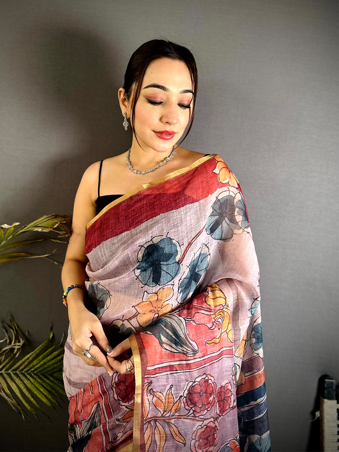 Elegant Hand Block Floral Linen Saree