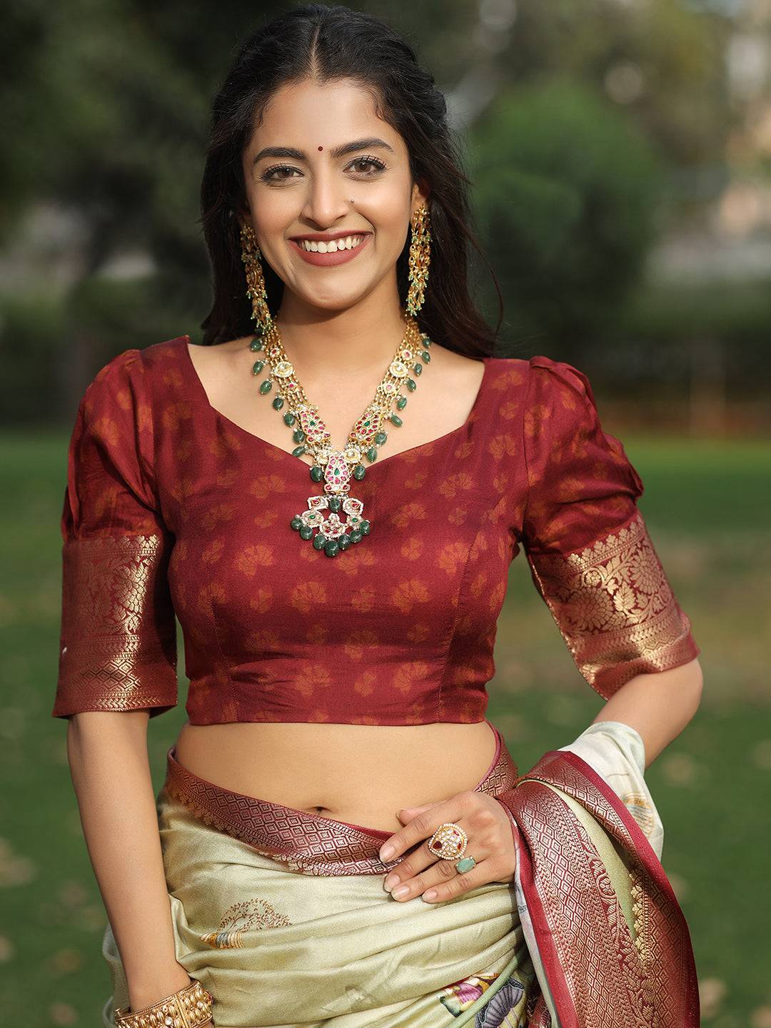 Viscose Dola Silk Pista Saree with Floral and Mughal Print