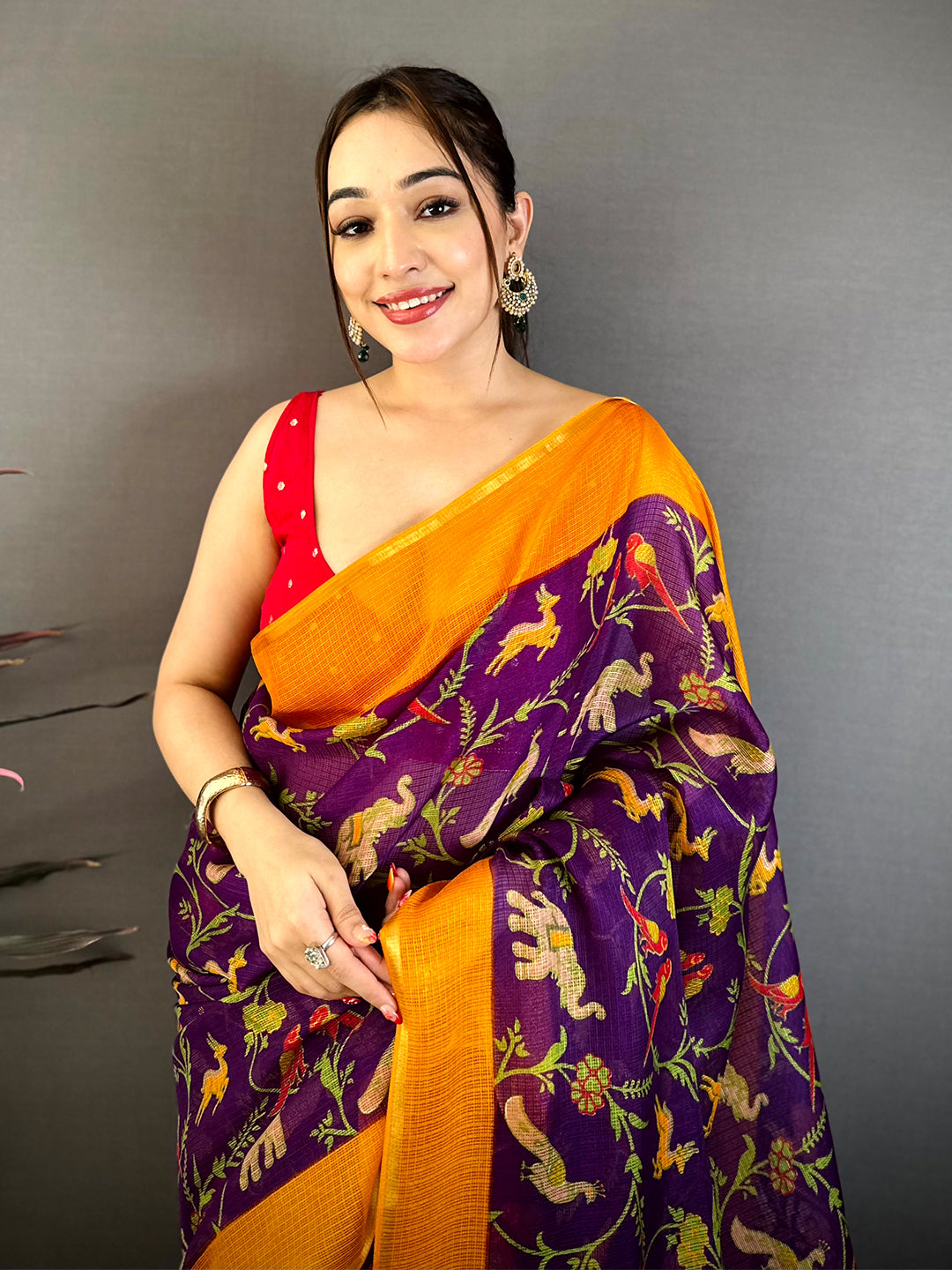 Purple Kota Doriya Block Print Saree