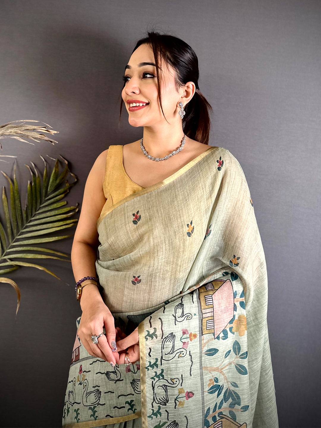 Pista Kalamkari Madhubani Print Saree