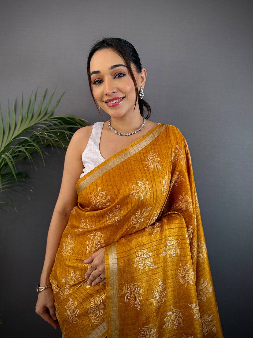 Mustard Leaf Print Ghicha Handloom Saree