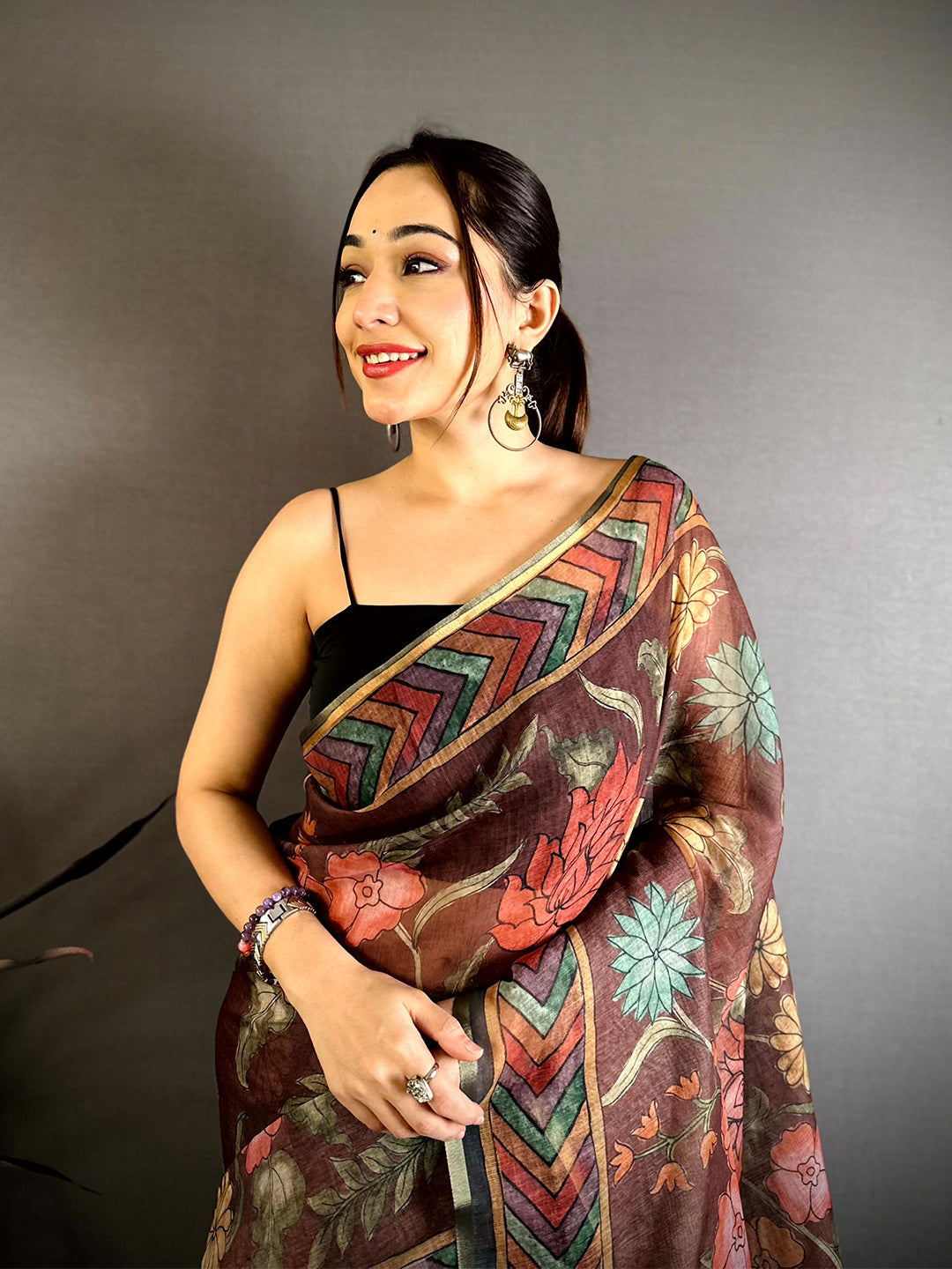 Brown Kalamkari Linen Chanderi Saree