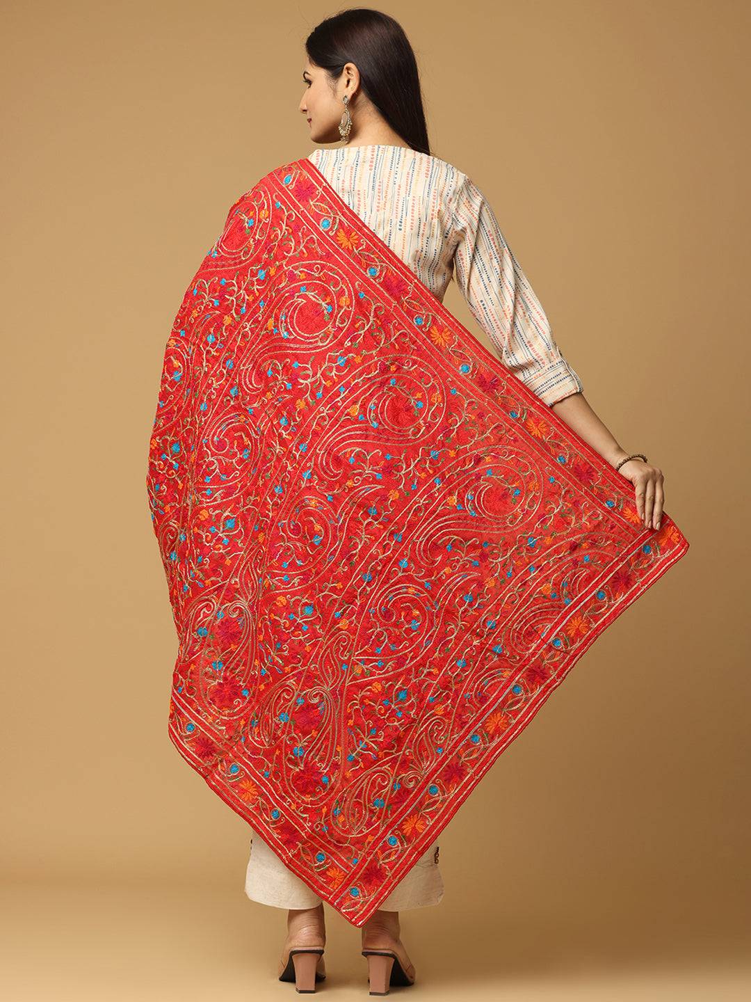 Red poly chiffon dupatta with pashmina threadwork, back view