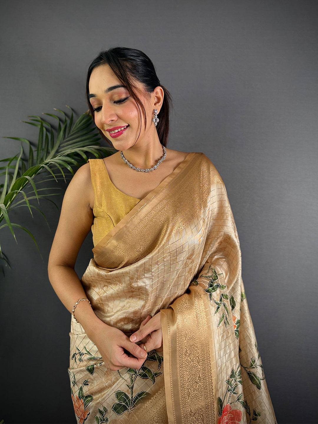 Cream Banarasi Silk Digital Printed Saree