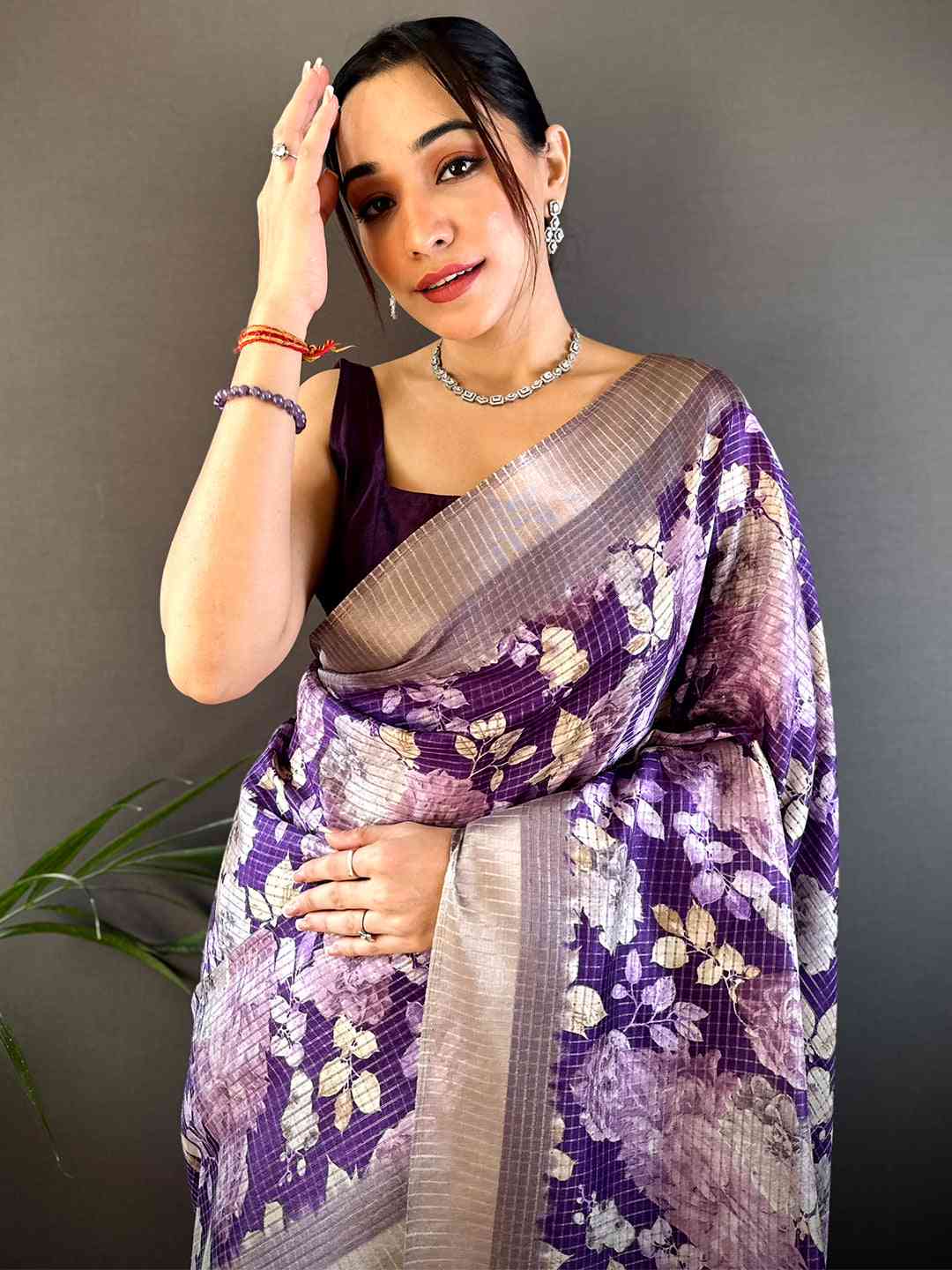 Purple Tussar Chex Floral Saree