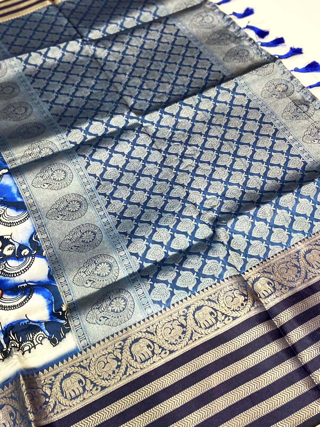 Royal Blue Kalamkari Printed Banarasi Saree