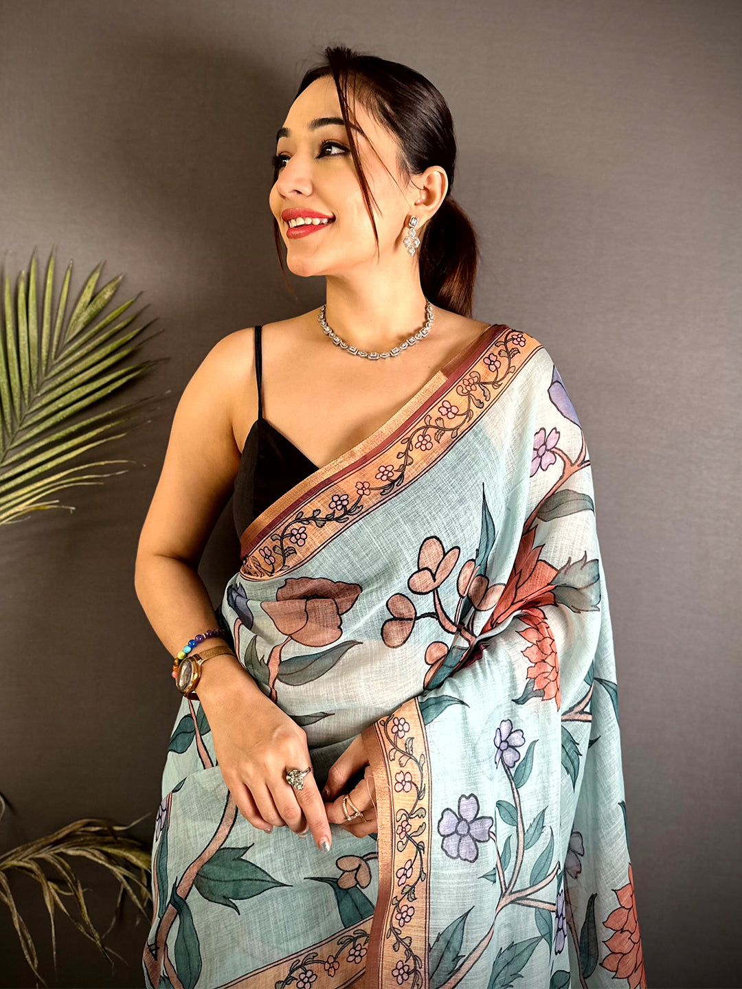 Blue Floral Soft Linen Summer Saree
