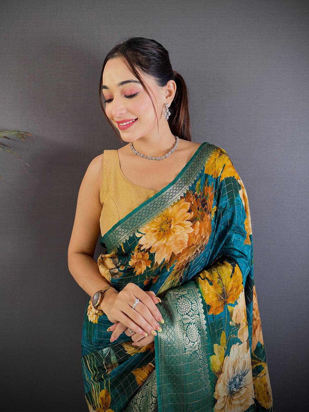 Deep Teal Floral Digital Print Saree