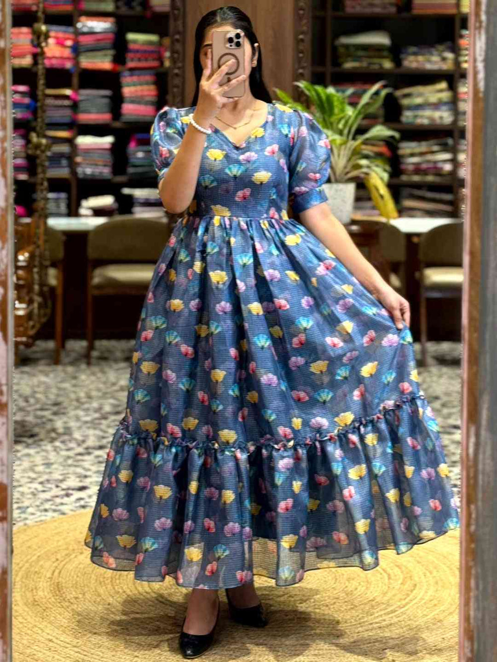 Denim Blue Floral Print Midi Dress