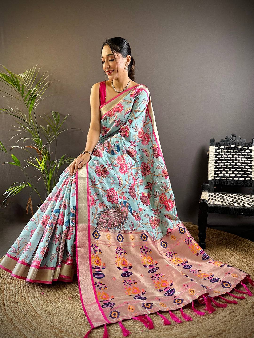 Azure Blue Phulkari Silk Saree