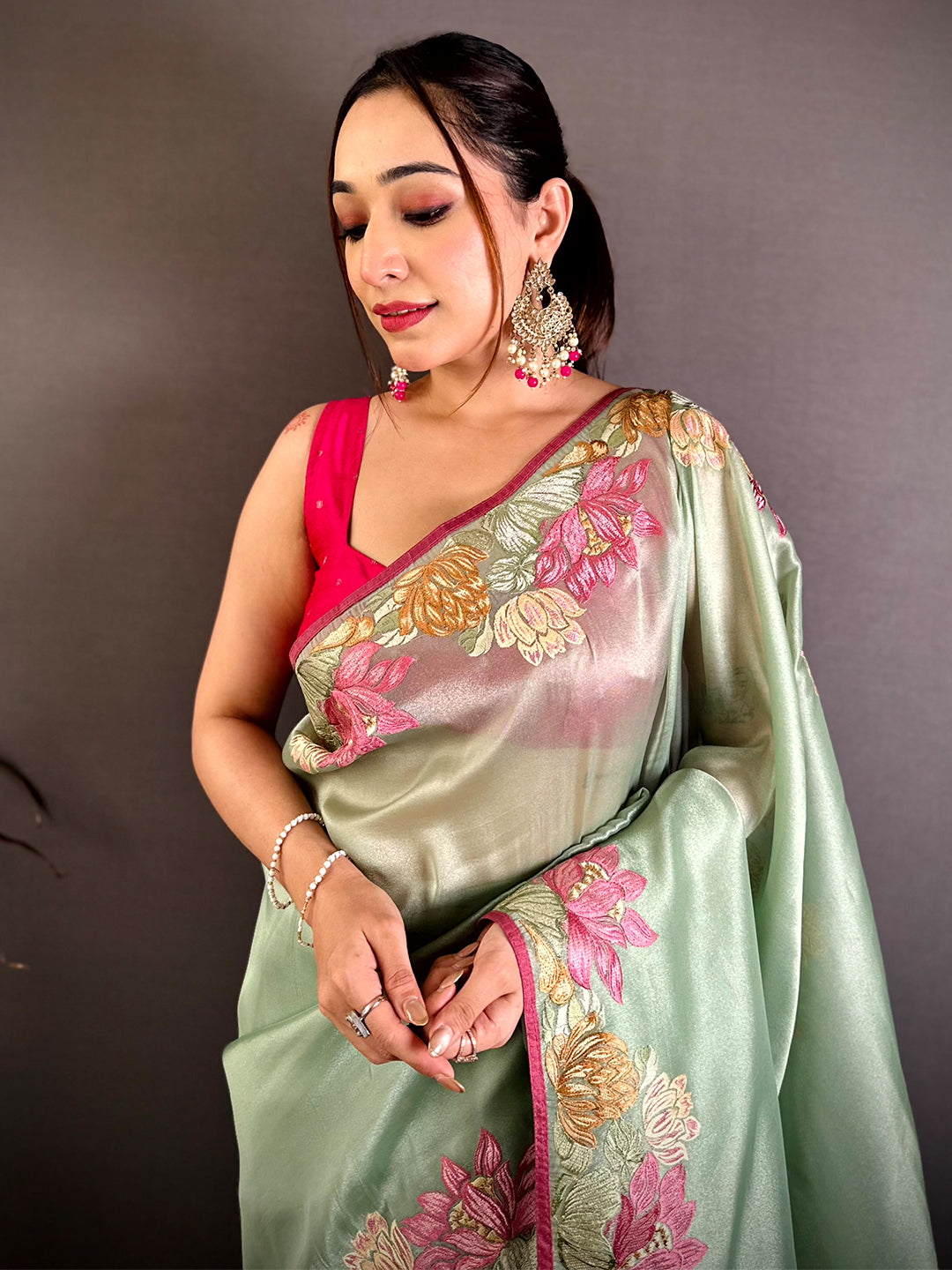 Pista Silky Tissue Resham Border Saree