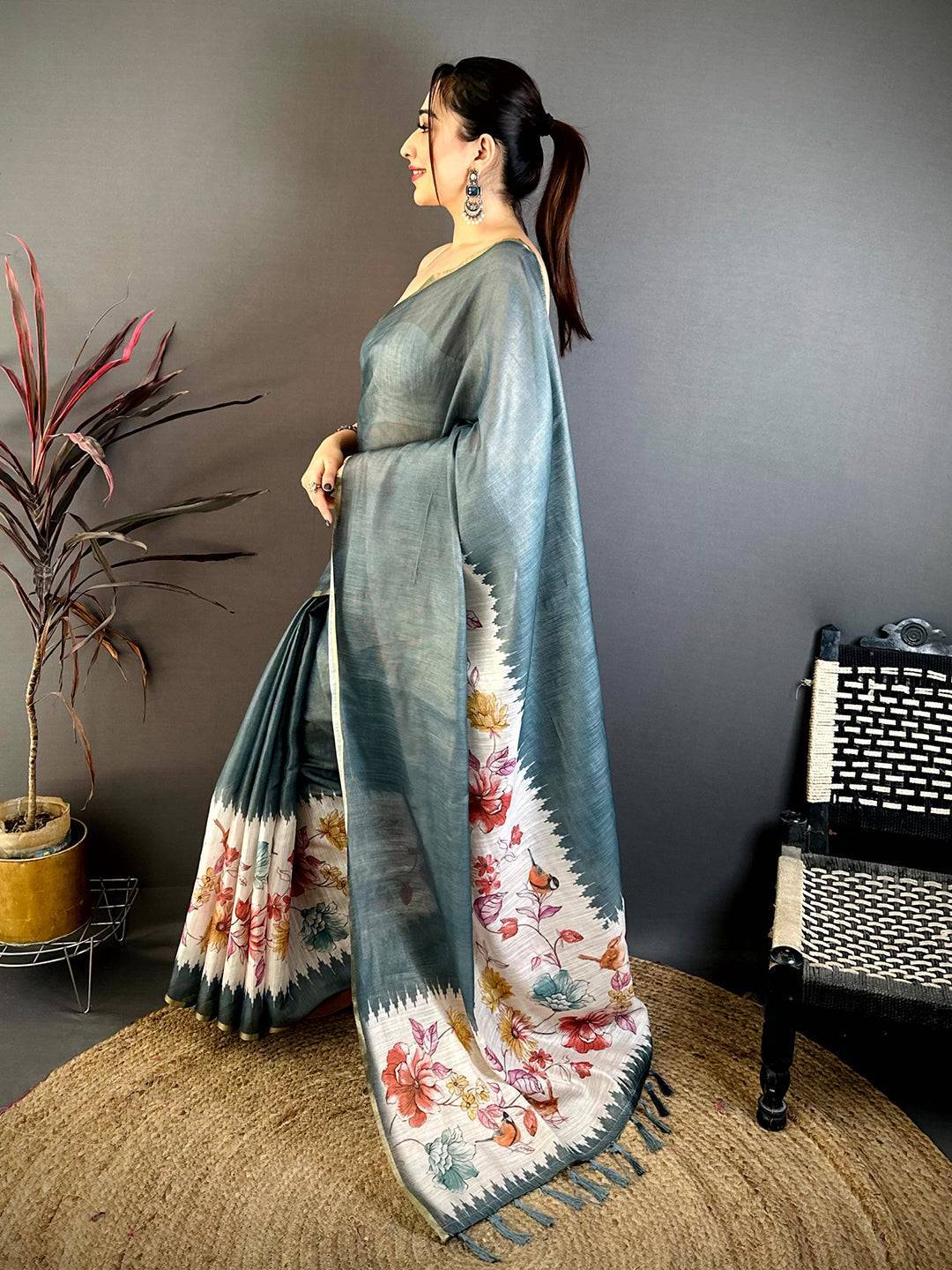 Steel Blue Floral Ikat Linen Chanderi Saree
