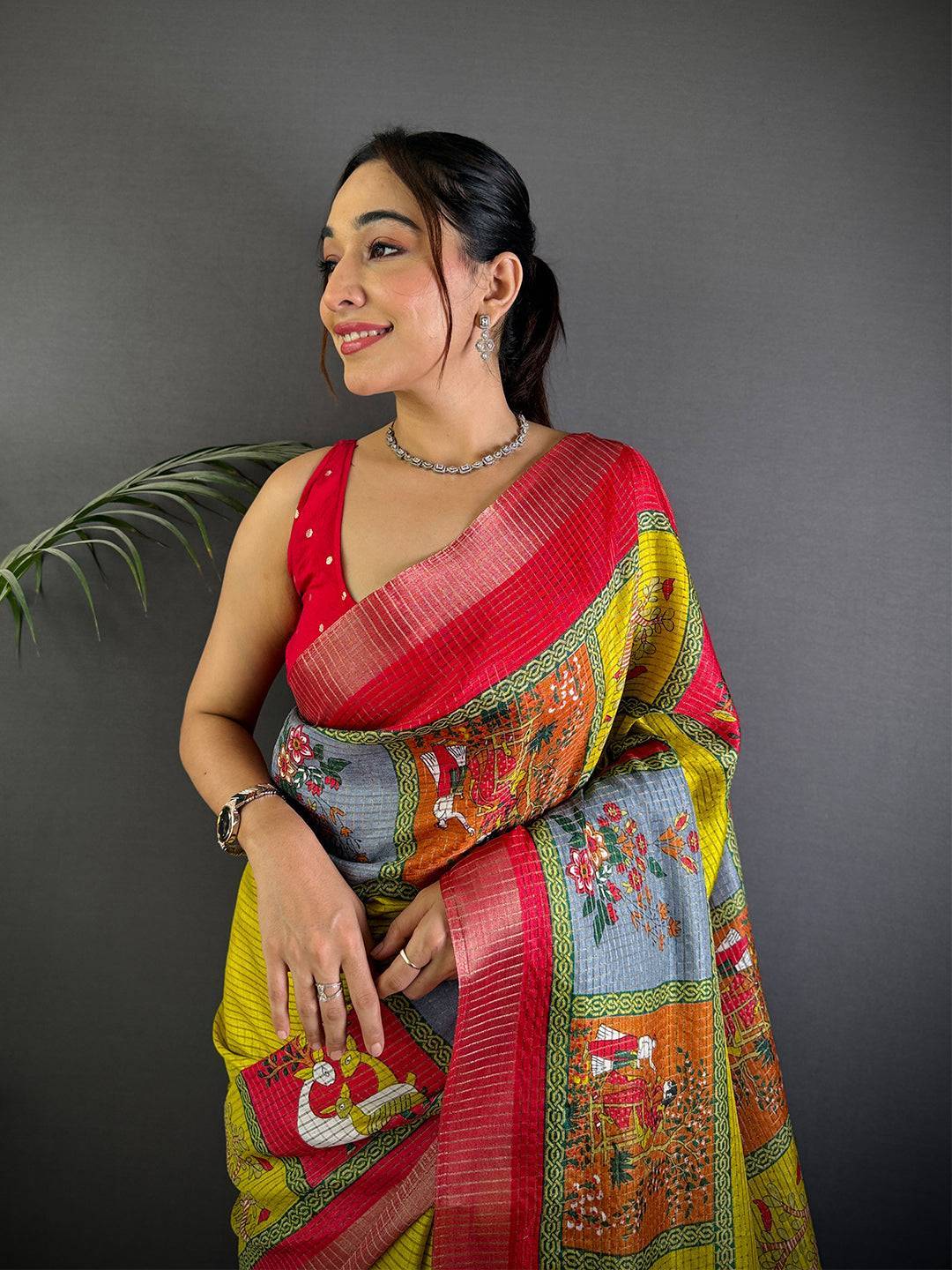 Olive Pure Viscose Kalalmkari Print Saree