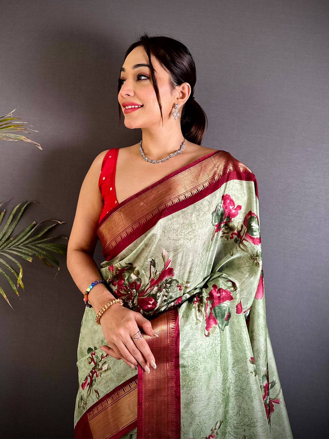Regal Pista Floral Dola Silk Saree